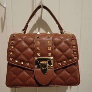 Most Wanted Quilted Studded Crossbody–Brown Faux Leather Top Handle Purse NWT